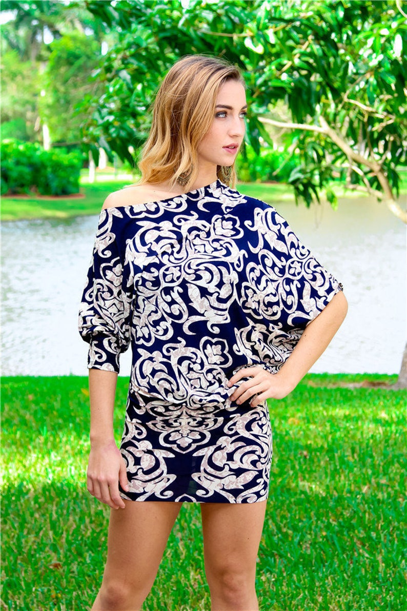 Womens Tunic Top|Asymmetrical Tunic|Blouse|Boho|Resort Wear|Drape Sleeves With Ruched Side|Blue Tunic Top