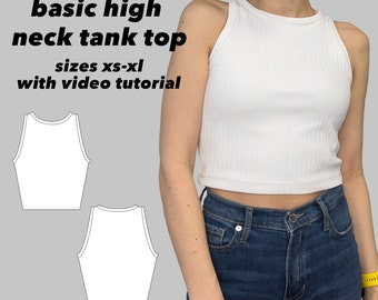 Basic Tank Top Sewing Pattern, Crop Tank Top Pattern, High Neck Tank Top Pattern, Easy Sewing Pattern, Women Sewing Pattern, sizes XS-XL