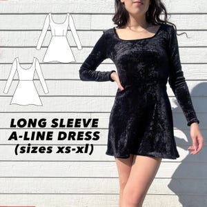 A-line Dress PDF Sewing Pattern, Dress Sewing Pattern, Long Sleeve Dress Pattern, Knit Skater Mini Dress Pattern, Easy Sewing Patterns PDF