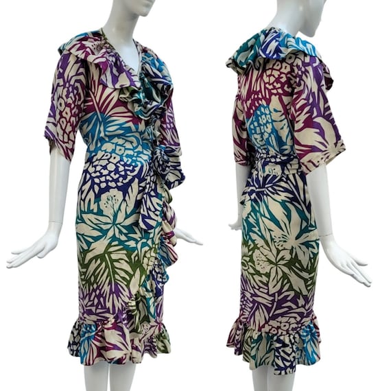 Lanvin, LANVIN Vintage 1980s Flower-Printed Cotton Wrap Dress