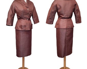VINTAGE 1950s Copper Raw Silk Hourglass Skirt Suit