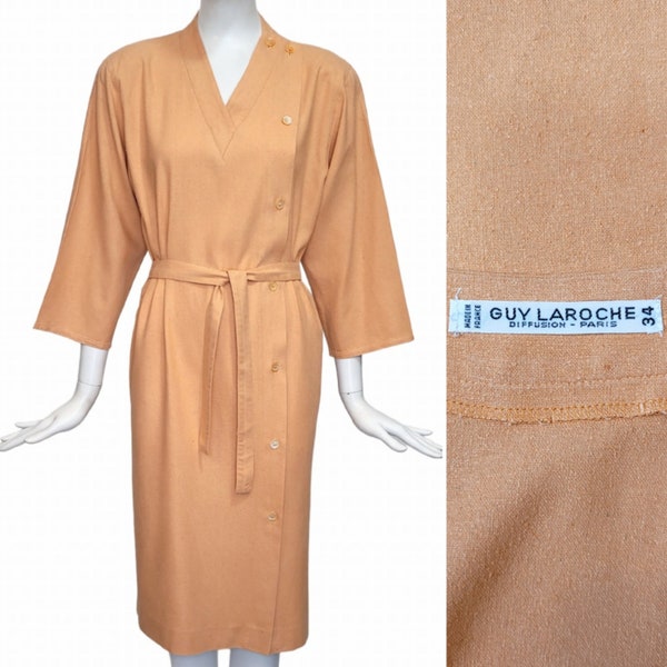 GUY LAROCHE Vintage 1970s Peach Raw Silk Dress