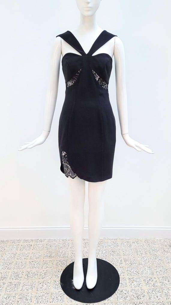 THIERRY MUGLER Vintage 1990 Black Crepe Dress With Lace Inserts