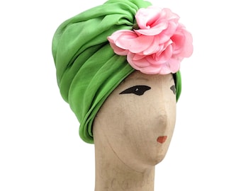 NINA RICCI Vintage 1965 Green Silk Turban Hat with Pink Flower