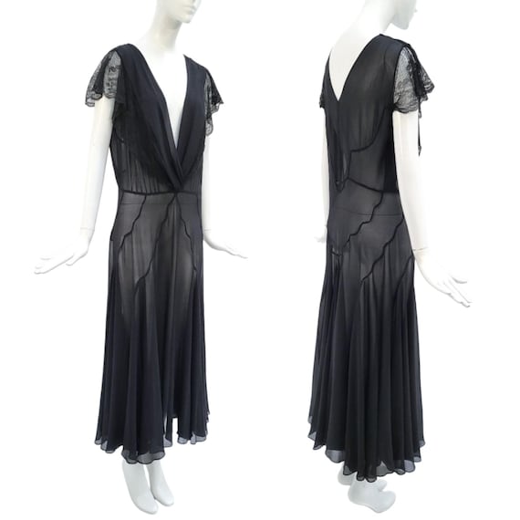 flounced evening dress VINTAGE 1930s Lace-flounced Black Silk Chiffon Evening Dress