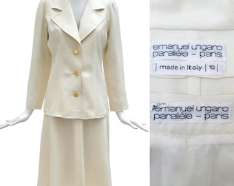 Traje vintage de seda shantung blanca de EMANUEL UNGARO de los años 70: chaqueta y falda.