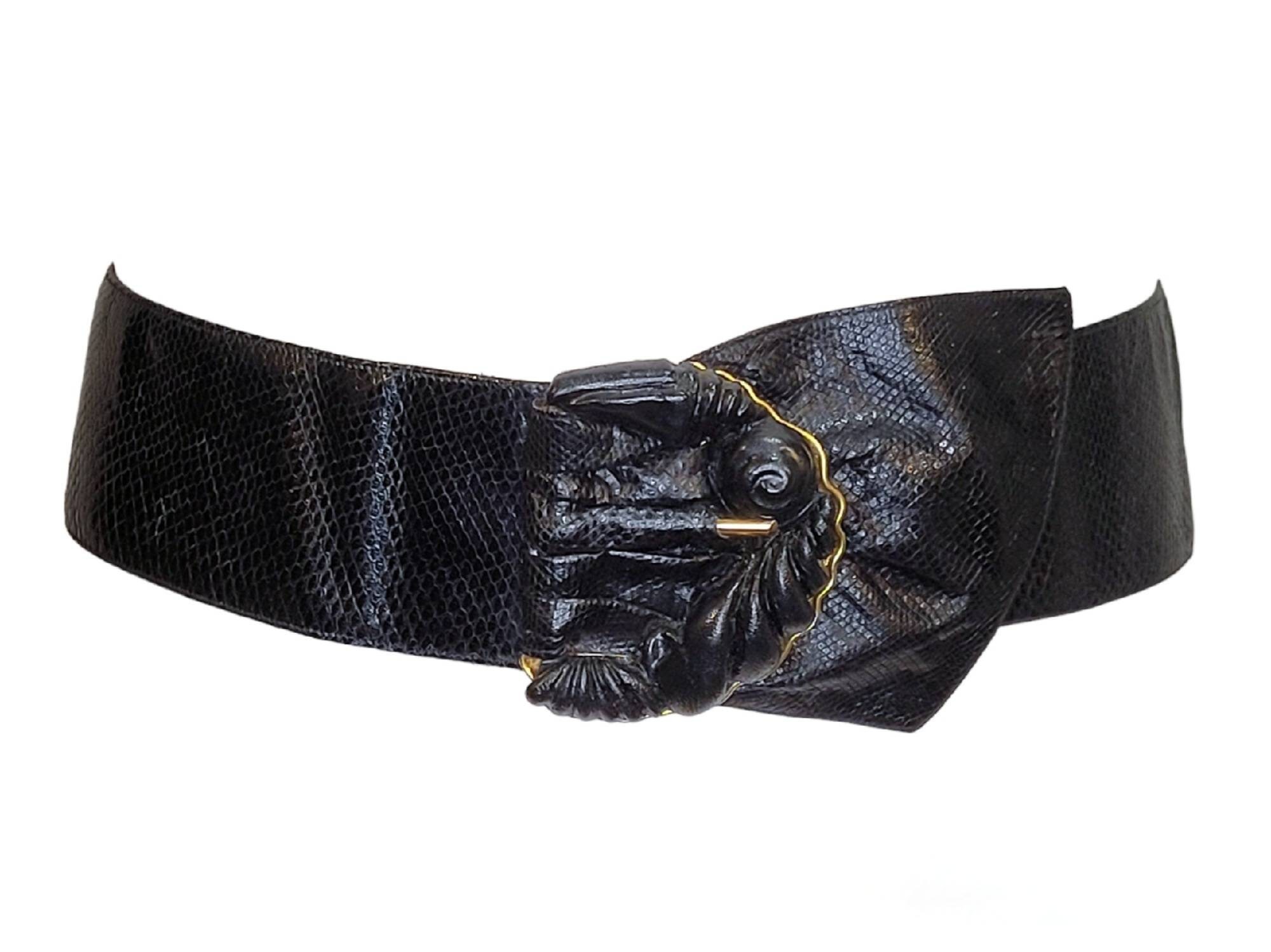 Vintage Emanuel Ungaro Belt 1970s Leather Black Gold Womens 25 27 Inch Waist Violet Belt - Black Italian Leather Belt With Detailed  main image 4
