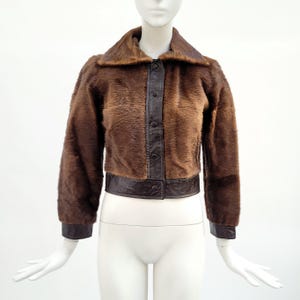 May include: A brown fur jacket with a dark brown leather collar, button placket, and trim. The jacket has long sleeves and a cropped length, displayed on a mannequin.