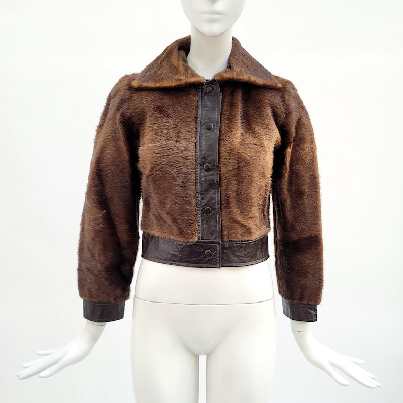 May include: A brown fur jacket with a dark brown leather collar, button placket, and trim. The jacket has long sleeves and a cropped length, displayed on a mannequin.