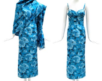 Vintage 1950s Blue Silk Taffeta Evening Sheath Dress With Matching Stole
