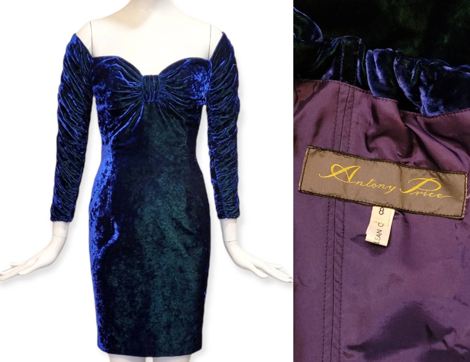 Vintage 1980s Yves Saint Laurent Violet Blue Sequin Lace Party Dress Size M