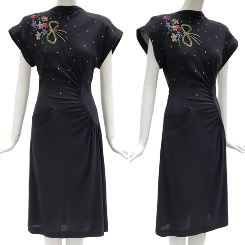 VINTAGE 1940s Embroidered Black Crepe Dress
