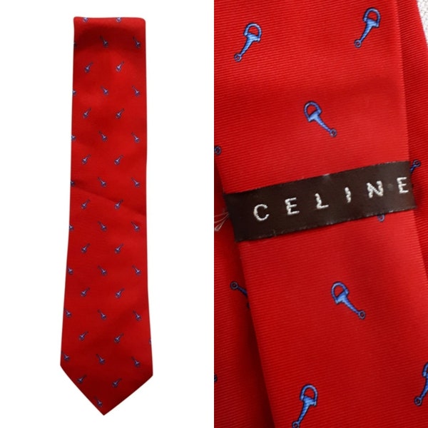 CELINE Vintage 1990s Horsebit Red Silk Necktie