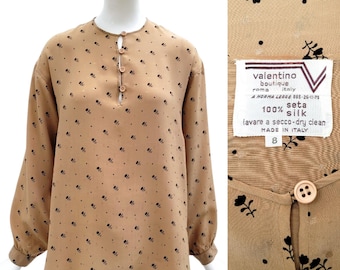 VALENTINO Vintage 1970s Cappuccino Printed Silk Blouse