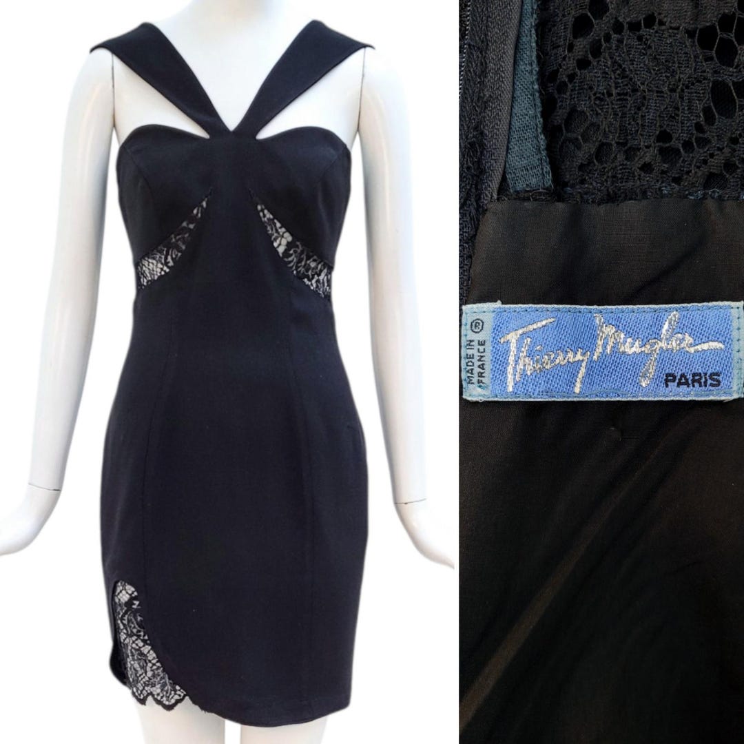 THIERRY MUGLER Vintage 1990 Black Crepe Dress With Lace Inserts