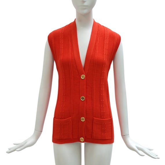 Celine, CELINE Vintage 1970s Vintage Orange Wool Sleeveless Cardigan