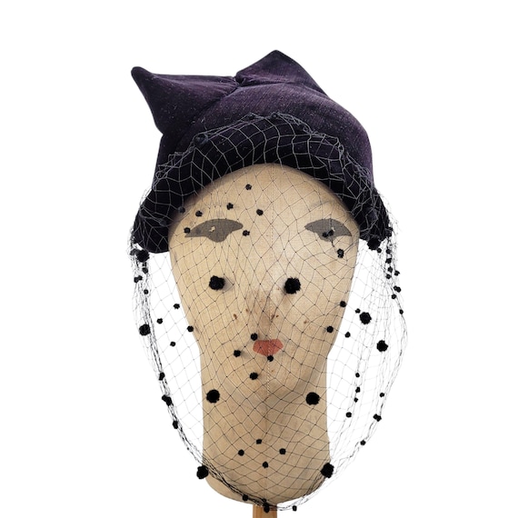 JACQUES FATH Vintage 1940s Black Velvet Hat