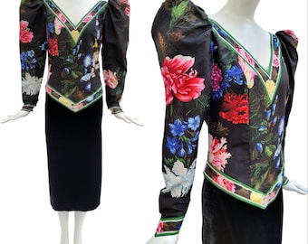 LEONARD Vintage 1980s Printed Taffeta and Black Velvet Evening Dress