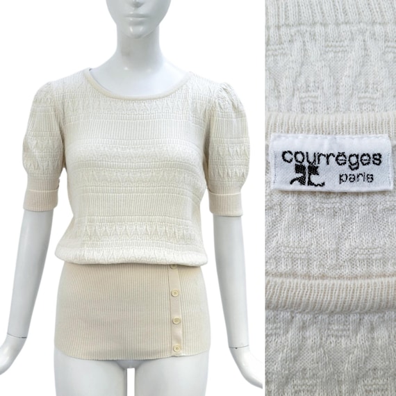 Courrèges, COURRÈGES Vintage 1980s Off-White Knitted Cotton Top