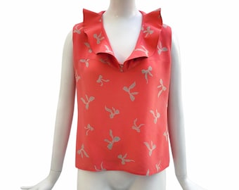 NINA RICCI 1980s Bow-Printed Pink Silk Sleeveless Blouse