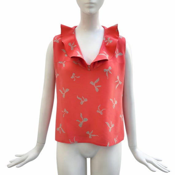 Nina Ricci, NINA RICCI 1980s Bow-Printed Pink Silk Sleeveless Blouse