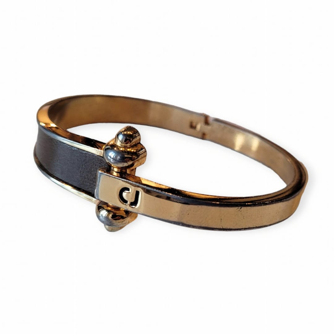 CHARLES JOURDAN Vintage 1980s Gilt Metal Bracelet With Brown Leather  France