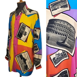 EQUIPAMENTO Camisa de seda “cartões postais italianos” vintage dos anos 1990