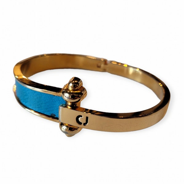 CHARLES JOURDAN Vintage 1980s Gilt Metal Bracelet With Blue Leather