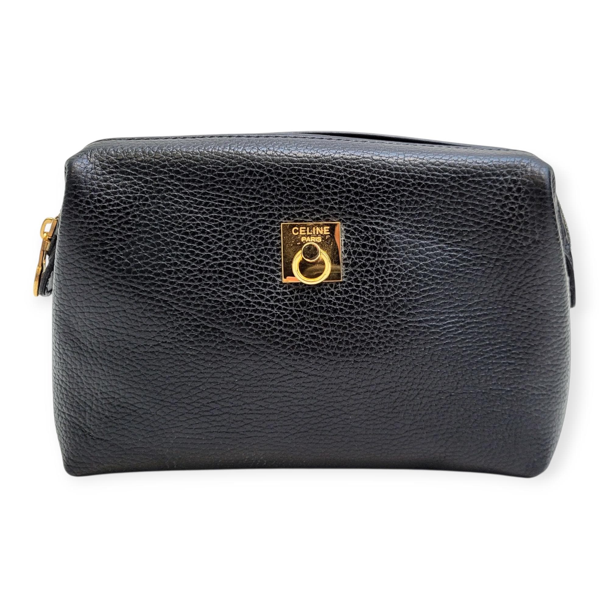 バッグ Celine Vintage Clutch Bag Black Leather CELINE Vintage 1990 Black Leather Clutch Bag / Beauty Case