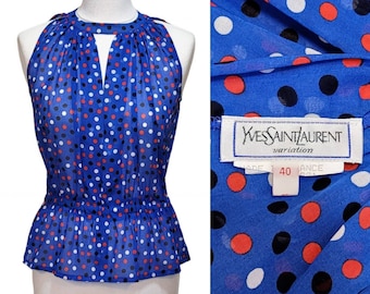 YVES SAINT LAURENT Vintage 1990s Polkadot Blue Top