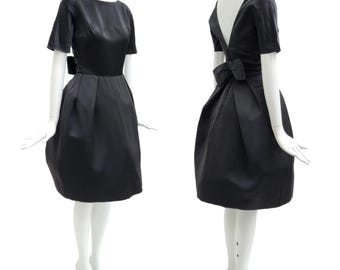 POLLY PECK London Vintage Late 1950s Black Satin Cocktail Dress