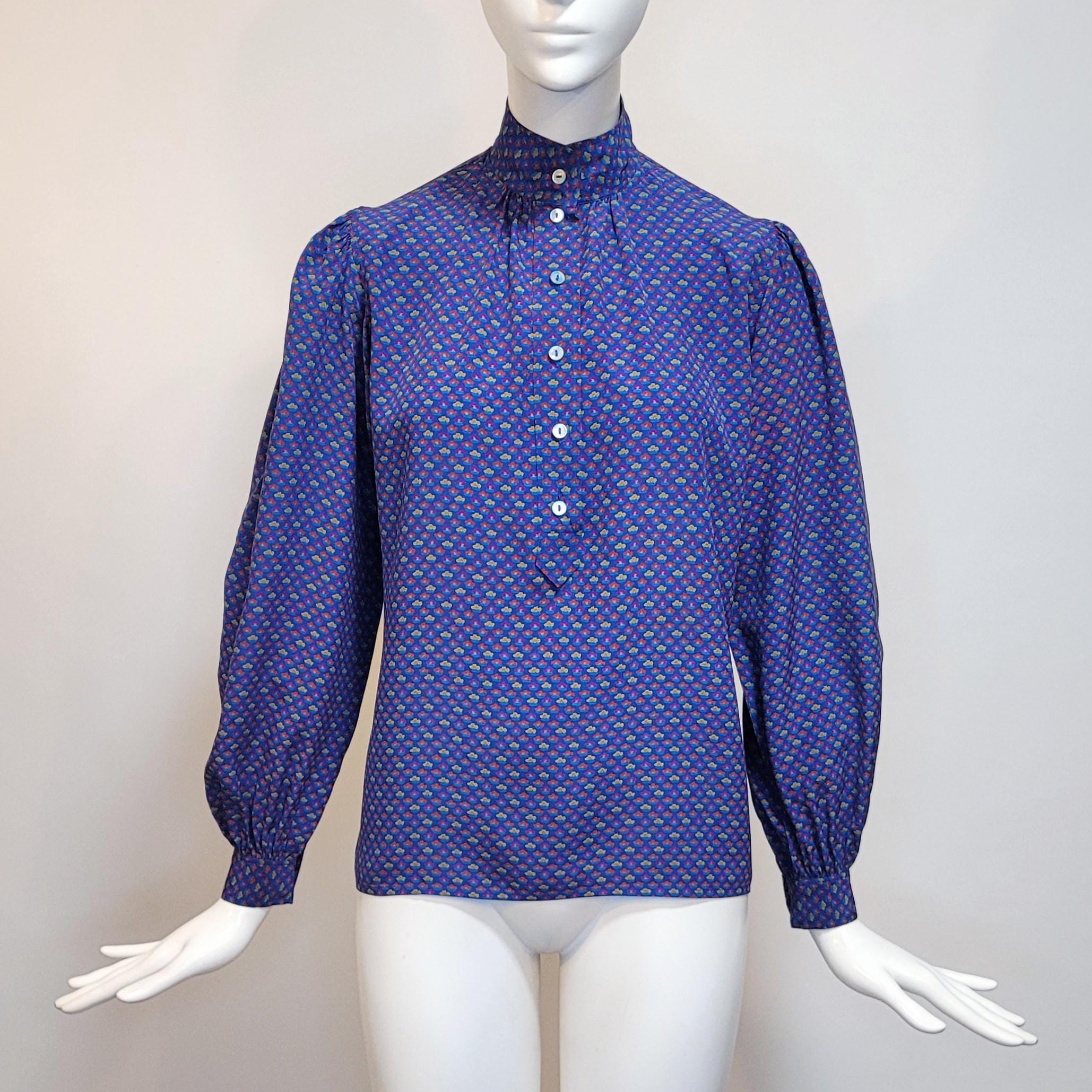 YVES SAINT LAURENT Vintage 1970s Blue Printed Silk Blouse - Etsy