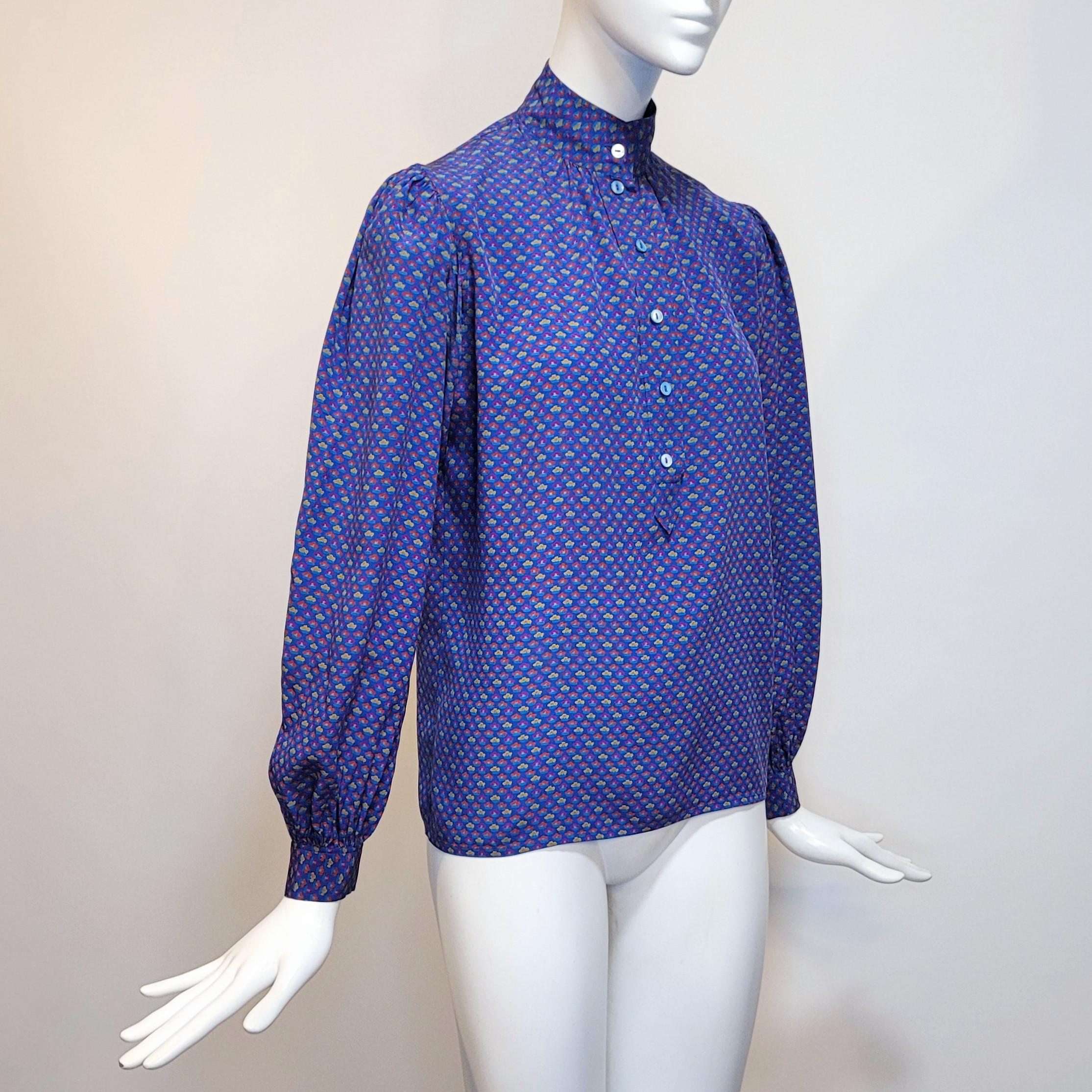 YVES SAINT LAURENT ヴィンテージ 1970 年代 ブルー プリント シルク 