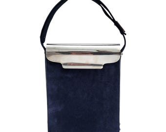 LANVIN Vintage Late 1960s "Space Age" Navy Suede & Chrome Metal Handbag