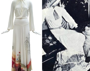 ELI COLAJ Vintage 1970s Embellished White Jersey Maxi Dress