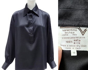 VALENTINO Vintage 1970s Black Silk Satin Blouse