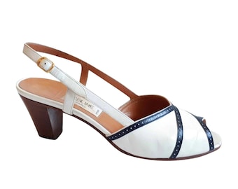 CELINE Vintage 1970s White & Navy Leather Sandals