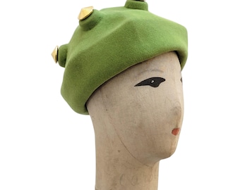 PHILIPPE MODEL Vintage 1990s Acid Green Wool Felt Hat with Gilt Metal Buttons