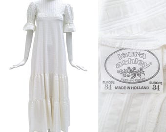 LAURA ASHLEY Vintage Early 1970s White Cotton Piqué Prairie Dress