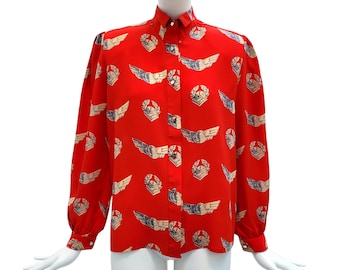 THIERRY MUGLER Vintage Early 1980s Red Silk Blouse / Shirt