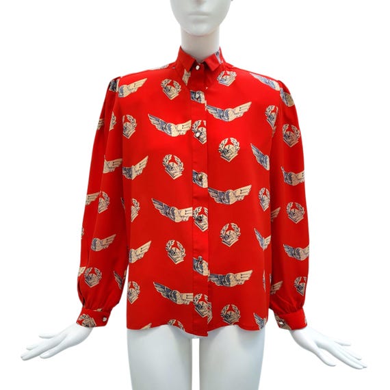 Mugler, THIERRY MUGLER Vintage Early 1980s Red Silk Blouse / Shirt