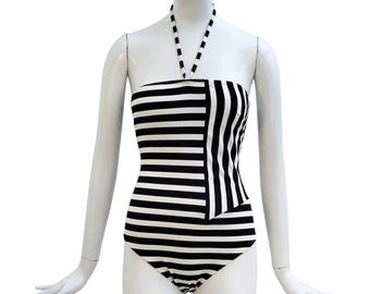 CHRISTIAN DIOR Vintage 1980s Black Striped Swimsuit