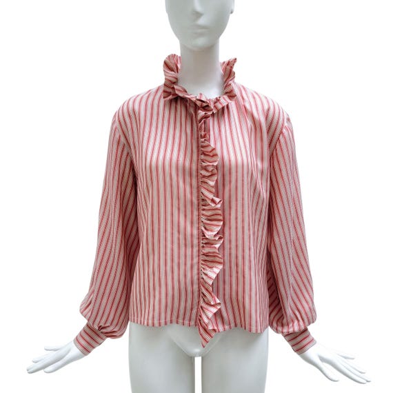 Celine, CELINE Vintage 1980s Ruffled Striped Silk Blouse