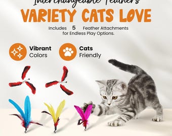 5 Feathers, Wand attachments, Teasers, Red, Yellow,  Blue, Interactive cat toys.