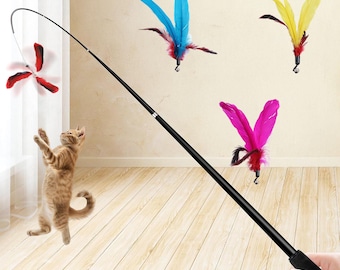 Retractable 72" Cat Wand / Teaser / Stick Toy.  Natural, 4 Feathers, Red, Yellow,  Blue,