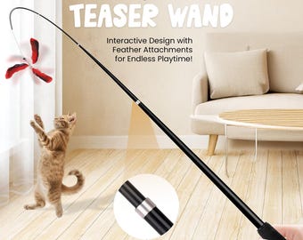 Retractable 72" Cat Wand / Teaser / Stick Toy.  Natural, 5 Feathers, Red.