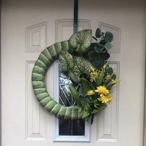Fall, Thanksgiving wreath, Holiday gift, leafy bush and stems, Yellow flower, soft stripe ribbon, All season door wreath, housewarming gift