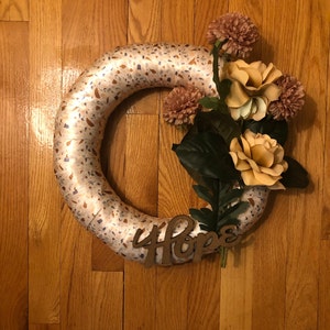 Fall wreath, satin ribbon, earth-tone chrysanthemums, pom-poms, hope sign, front door  home floral decor, housewarming gift, nature