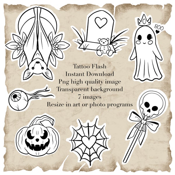 Tattoo Practice Flash Sheet Halloween Flash Art Download Tattoo Stencil File Tattoo Graphic Design Line Art Bat Ghost Pumpkin Procreate