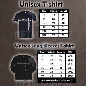 May include: Size chart for unisex t-shirts and long-sleeve t-shirts. The chart shows the width and length in inches for sizes S, M, L, XL, 2XL, and 3XL.
